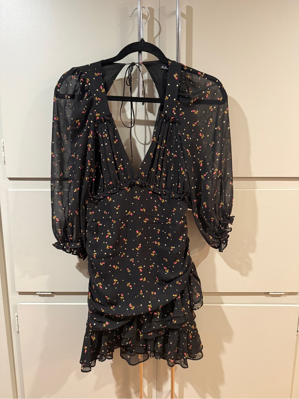 For Love & Lemons Black Mini Dress with Pink and Yellow Floral Print